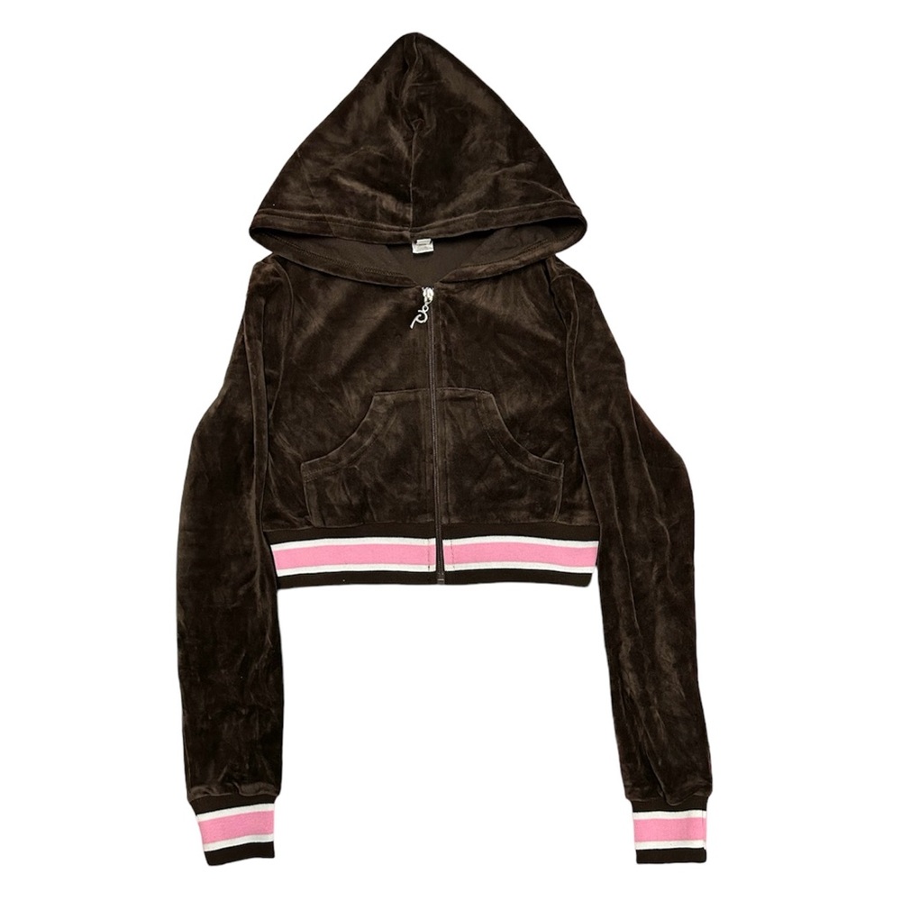brown velour cropped zip up hoodie